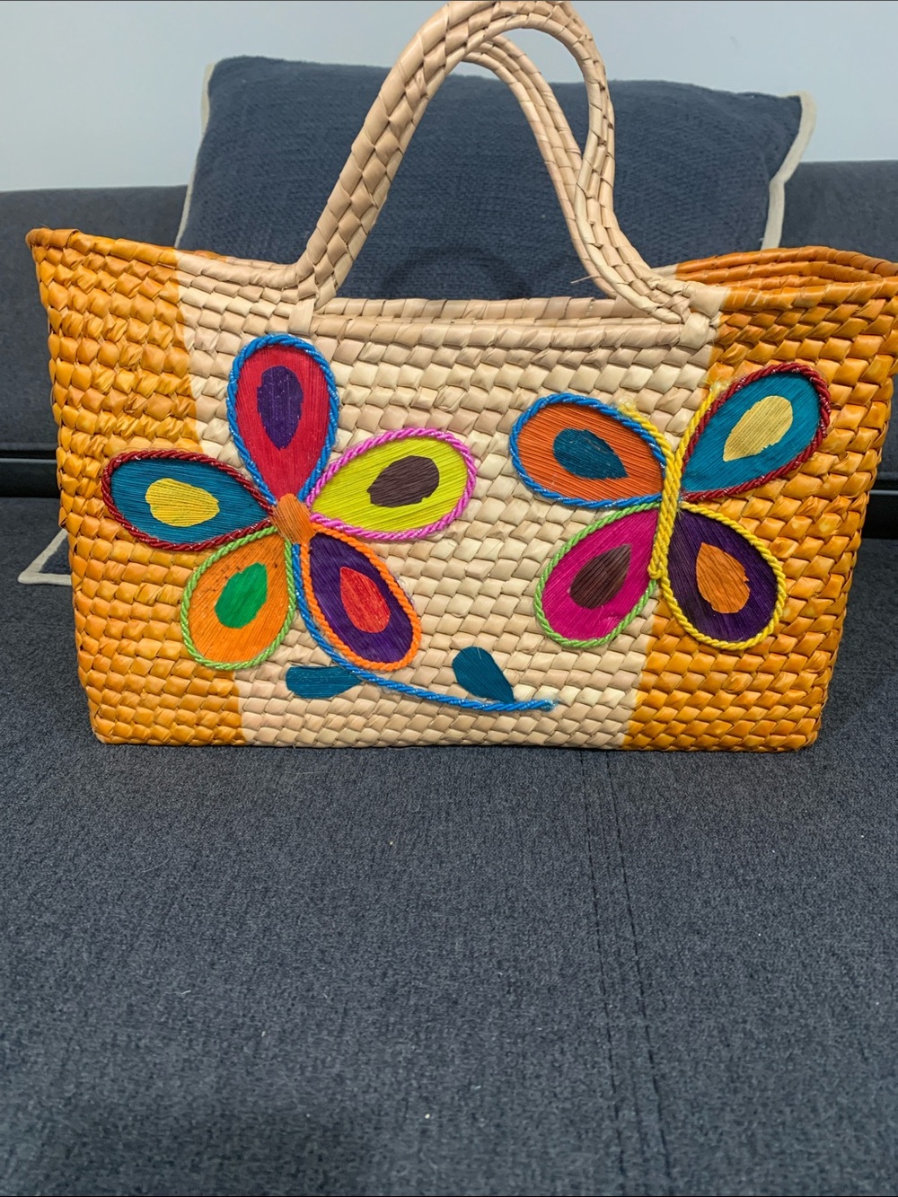 Colorful Butterfly Embroidered Woven Tote Bag in Natural and Orange
